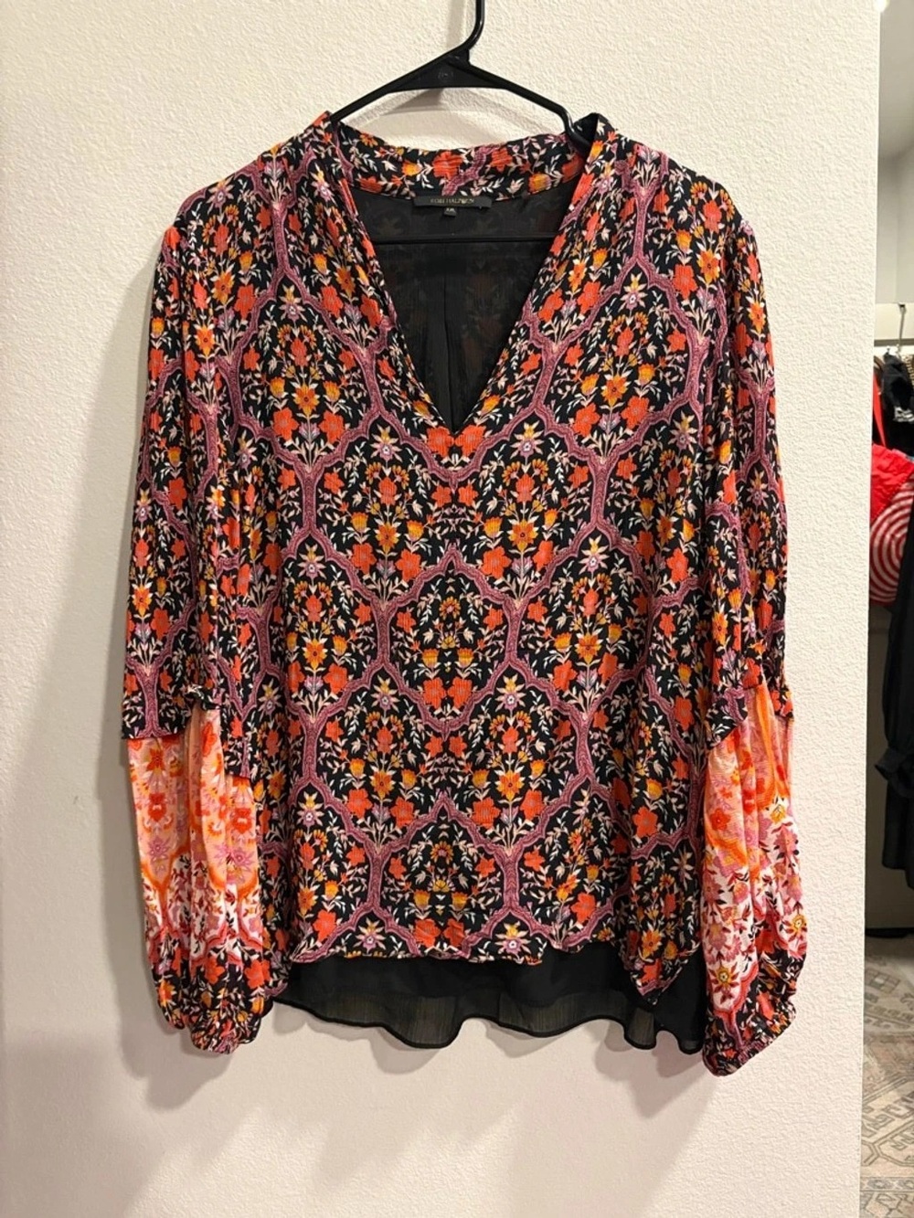 Kobi Halperin Black, Orange and Pink Floral V-Neck Blouse